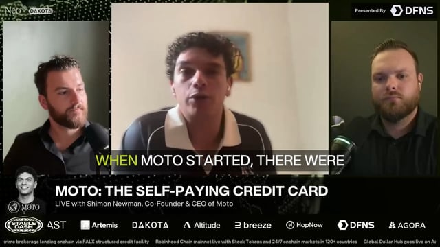 A three-person video podcast or interview about 'MOTO: THE SELF-PAYING CREDIT CARD' with Shimon Newman, Co-Founder & CEO of Moto, presented by DFNS and Dakota, with sponsor logos along the bottom.