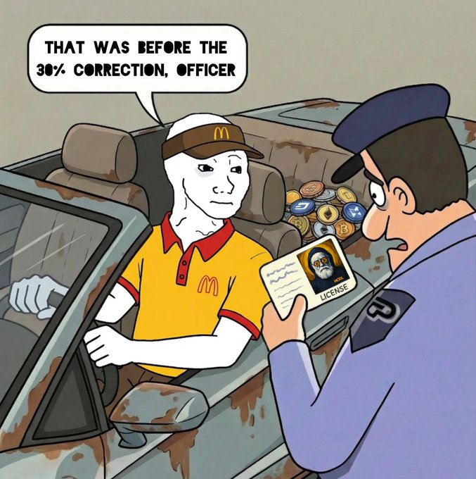 A cartoon meme shows a Wojak character dressed as a McDonald's employee sitting in a dirty convertible filled with cryptocurrency coins, being questioned by a police officer who holds up an ID labeled 'LICENSE' showing a Bitcoin 'B' logo.