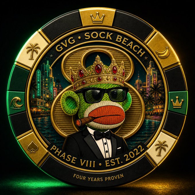A casino-chip-style emblem for "GVG • SOCK BEACH • PHASE VIII • EST. 2022 • FOUR YEARS PROVEN" featuring a crowned sock puppet wearing sunglasses and a tuxedo, with a cigar and a nighttime Miami-style cityscape behind it.