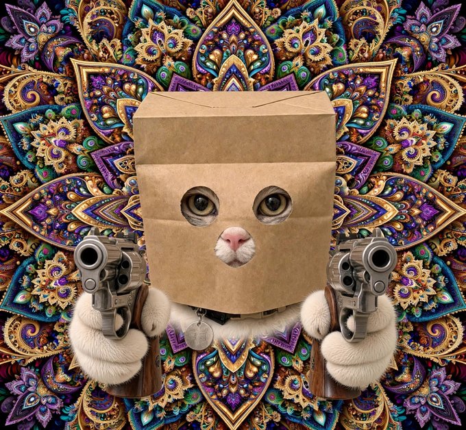 A white cat with a brown paper bag over its head, with cutouts revealing its eyes and nose, holds two revolvers pointed forward against a vibrant, ornate paisley-patterned background.