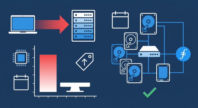 The image depicts a shift in resource allocation, showing a laptop directing data to servers and increasing prices, while a separate network of hard drives connected to a router and a Filecoin (FIL) symbol signifies continued operation. This illustrates how AI data centers are absorbing memory resources, potentially leading to increased costs for consumer electronics like Apple's MacBook Pro, while Filecoin's storage infrastructure remains unaffected by the shortage.