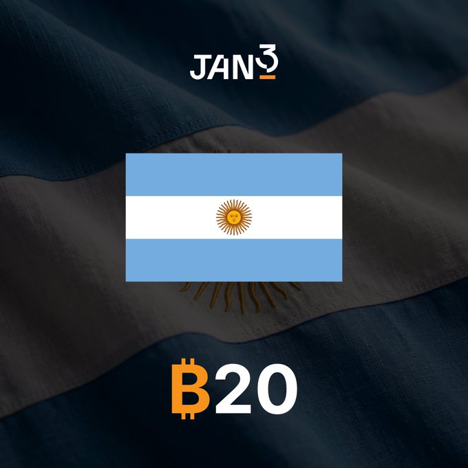 The image features the banner of Argentina with "JAN3" at the top and "B20" at the bottom, which is part of the B20 Index referenced in the post. The image visually represents the post's message about Argentina's grassroots Bitcoin adoption as a response to inflation.