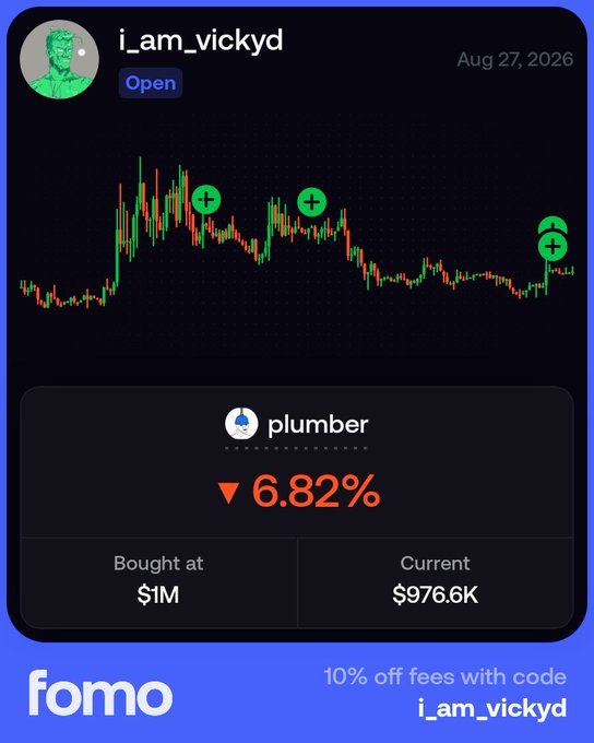 A trading dashboard from Fomo shows user "i_am_vickyd" with an open trade on $PLUMBER that's currently down 6.82%, bought at $1M and valued at $976.6K, with a candlestick chart marked by green buy signals supporting their bullish 20x price prediction.
