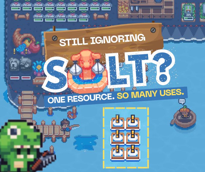 A pixel art scene from Sunflower Land features a green goblin holding a pickaxe near a dock, with a large "SALT" graphic, a central orange octopus-like figure holding scales, and six salt chests displayed in a yellow-bordered grid. Bold text reads "STILL IGNORING SALT? ONE RESOURCE. SO MANY USES," visually promoting salt as a versatile and overlooked crafting material in the game.