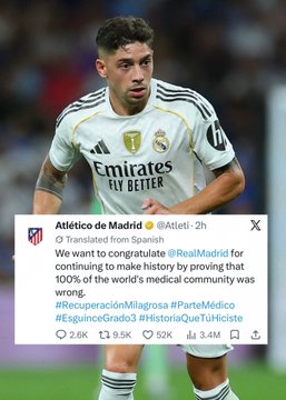 A photo of soccer player Federico Valverde in a white Real Madrid kit, with an overlaid tweet from Atlético de Madrid congratulating @RealMadrid and listing hashtags like #Derbi and #Madrileño.