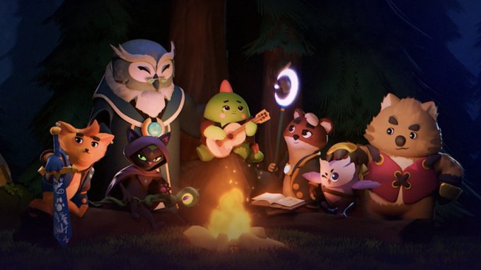 A group of whimsical cartoon animal characters, including a fox, owl, turtle, hamster, and bear, gather around a glowing campfire in a forest at night, with one playing a guitar.