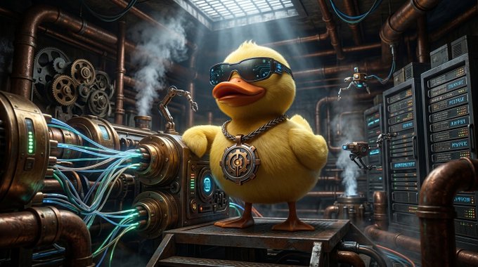 A yellow rubber duck wearing sunglasses and a gold chain pendant stands on a platform in a steampunk-style server room with glowing cables, pipes, and machinery, accompanied by a robotic drone.

The image's steampunk-meets-cyberpunk aesthetic, featuring intricate machinery, glowing data cables, and a confident duck character adorned with a medallion, visually represents the post's theme of Wallchain as a sophisticated solution that unifies MEV and gas optimization into one elegant system.