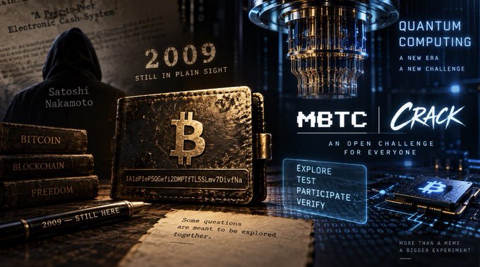A dark promotional graphic with text '2009 STILL IN PLAIN SIGHT', 'Satoshi Nakamoto', 'QUANTUM COMPUTING A NEW ERA A NEW CHALLENGE', 'MBTC CRACK AN OPEN CHALLENGE FOR EVERYONE', and 'MORE THAN A MEME A BIGGER EXPERIMENT' alongside imagery of a bitcoin wallet and cryptocurrency-themed elements.