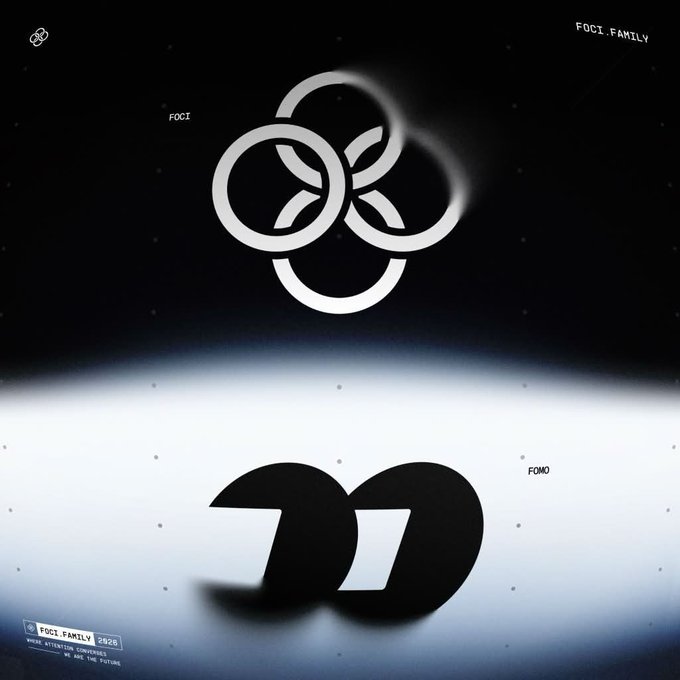 A futuristic black-and-white graphic featuring interlocking rings labeled "FOCI" above a reflective surface displaying the bold "FOMO" logo, with "FOCI.FAMILY" and "2026" branding visible, visually announcing the integration between FOCI.FAMILY and FOMO on Arc as mentioned in the caption.