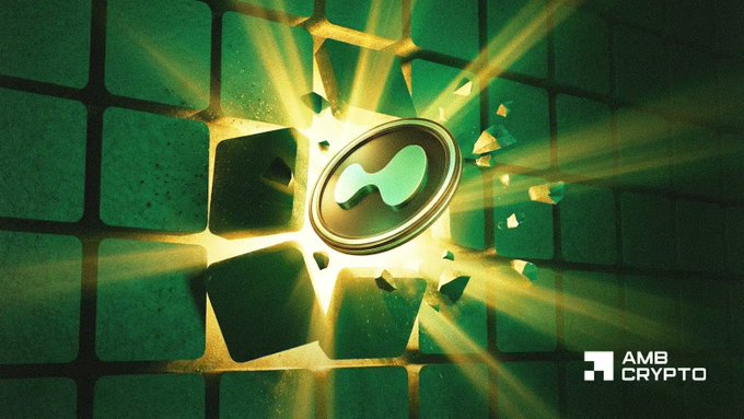 The image features a green coin that has been split in half by a bright light. The coins are scattered across different sized pieces with smaller pieces floating around them. The lighting coming off of this light is shining onto the coin, making it look like it has been split into two halves. This image is related to the post on social media because it seems to be an advertisement or promotional material for something that could potentially stop the hype from reaching a certain level or number, such as $100.