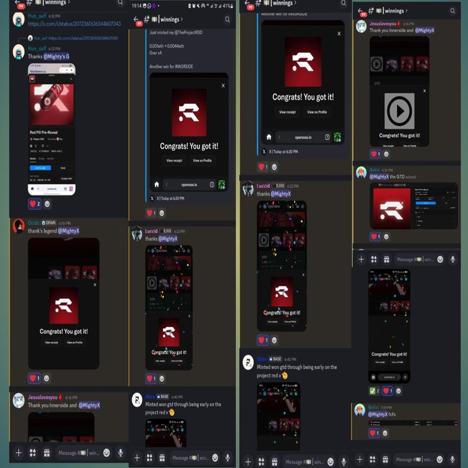 A Discord channel in the "#🏆|winnings🏆" server shows multiple users posting screenshots with "Congrats! You got it!" messages, confirming the success of @Theinn3rside's PROJECT R3D NFT mint, which saw participants' ETH grow from 0.001 to 0.0085 (over 8x) as highlighted in the accompanying post.