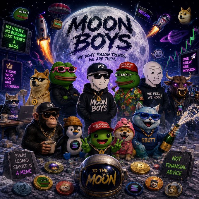 A vibrant, meme-style poster titled 'MOON BOYS' with the tagline 'WE DON'T FOLLOW TRENDS, WE ARE THEM,' featuring cartoon characters including Pepe frogs, a Shiba Inu, and a Wojak wearing various hats and chains, surrounded by crypto symbols like $BUTT and 'TO THE MOON.'
