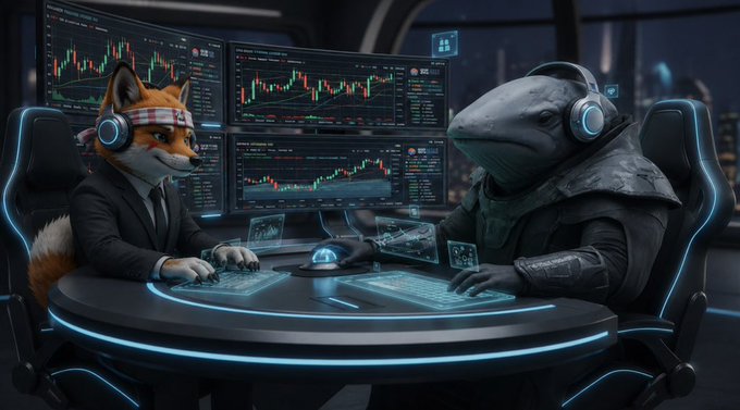 An anthropomorphic fox and shark, both wearing business attire and headphones, sit at a high-tech trading station analyzing cryptocurrency charts and candlestick data, symbolizing the strategic partnership between White Whale Labs and "The Fox" as they prepare to launch a top-revenue Solana dapp.