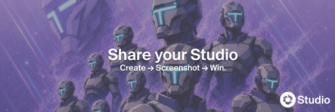 The image features a banner for a studio called "Studio" with a purple background, featuring a group of robots wearing blue helmets. The banner also includes text that encourages users to share their studio by creating a screen shot and entering a code or hashtag in the comment section below the image.