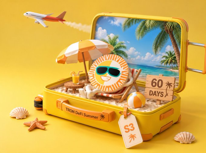 A bright yellow suitcase displays "TRON DeFi Summer," "60 DAYS," and an "$3" tag, featuring a sunny beach scene with a sunglasses-wearing sun lounging under an umbrella as a plane flies overhead—mirroring the post's theme of journeying through decentralized exchanges on Sun Swap, where multi-hop routing finds optimal paths across liquidity pools, much like a traveler navigating layovers to reach their tropical destination.