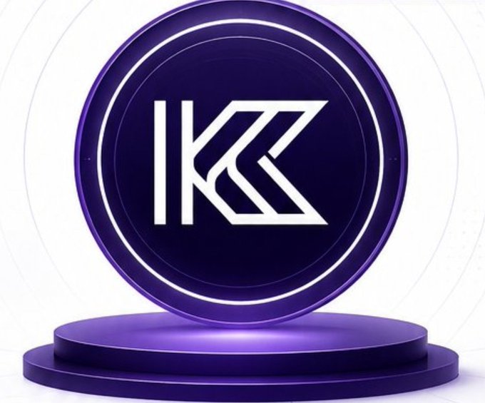 The image displays a 3D purple stage featuring the "K" logo of KiiChain, serving as a visual centerpiece for the accompanying post. It complements the text by highlighting KiiChain as a foundational infrastructure project in the RWA space, underscoring its on-chain FX, stablecoin, and cross-chain capabilities ahead of its Public Sale.