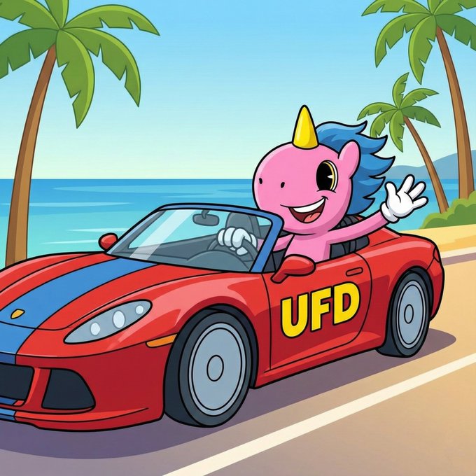 A cheerful pink unicorn waves from the driver's seat of a red convertible sports car labeled "UFD" as it cruises along a tropical beach road, embodying the fun, community-driven spirit of the $UFD token. The image's inviting, playful vibe encourages "SILENT $UFD DUSTERS" to speak up and engage with the welcoming crypto community.