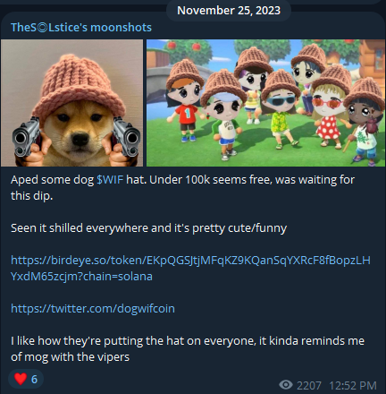 The image shows a tweet from "Thesolstice's moonshots" featuring a Shiba Inu dog wearing a knitted orange beanie hat alongside an Animal Crossing screenshot of villagers all wearing matching hats, promoting the $WIF dog hat token on Solana. The post compares calling $WIF2 at 100k market cap to their earlier successful $WIF call, referencing the viral dog with a hat meme imagery shown in the tweet.