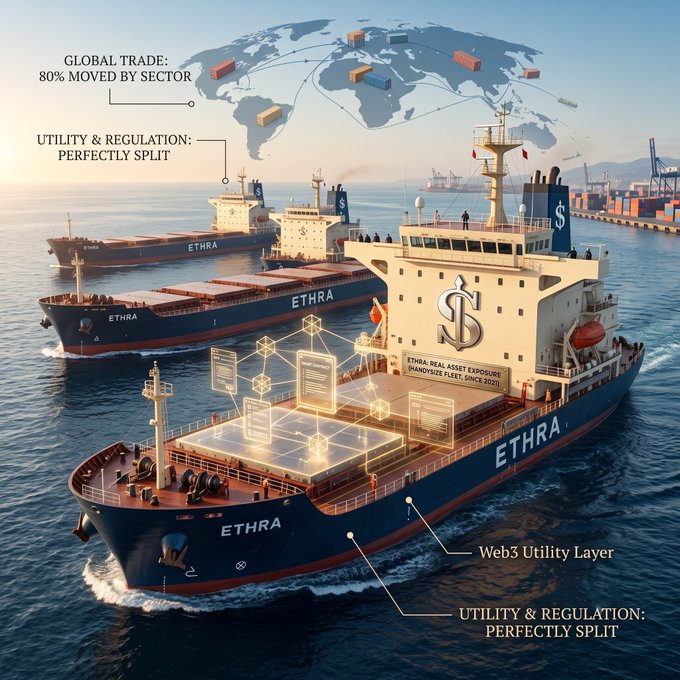 An infographic depicting cargo ships branded 'ETHRA' navigating global trade routes, highlighting 'Web3 Utility Layer,' 'Global Trade: 80% Moved by Sector,' and 'Utility & Regulation: Perfectly Split' with a world map and digital network overlay.