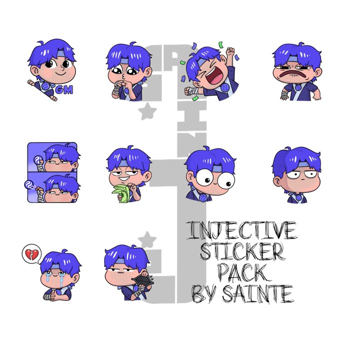 An 'INJECTIVE STICKER PACK BY SAINTE' featuring various cartoon stickers of a blue-haired character displaying different expressions like crying, laughing, and sleeping.