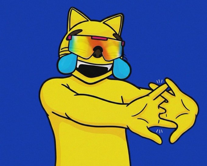 A cartoon drawing of a yellow cat character wearing rainbow-tinted sunglasses and blue tear-shaped earrings, laughing with its mouth wide open while making a heart shape with its hands against a solid blue background.