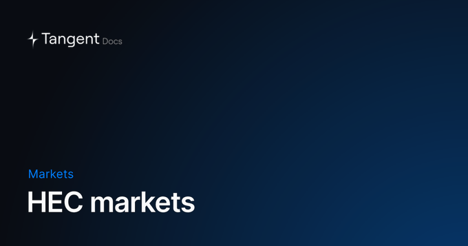 A title card for "Tangent Docs" featuring the heading "Markets" in blue text above "HEC markets" in large white text on a dark navy background.