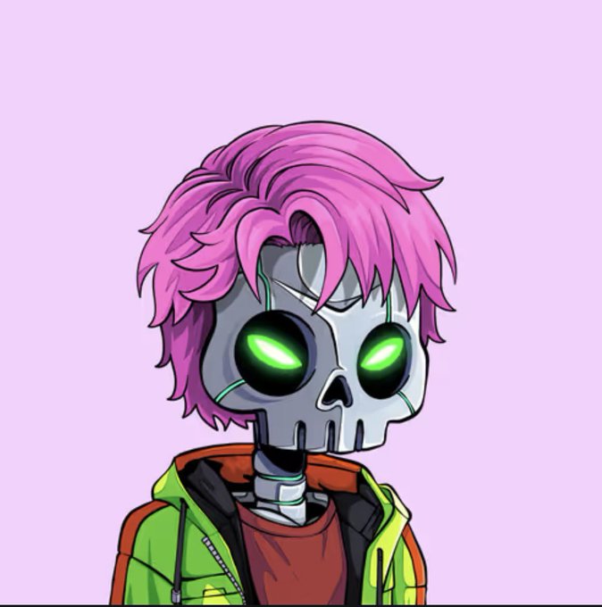 A digital illustration of a skull-faced character with pink hair, glowing green eyes, and a green jacket against a light purple background.