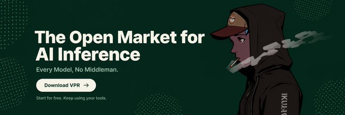 Advertisement banner reading 'The Open Market for AI Inference' with subtitle 'Every Model, No Middleman.' and a 'Download VPR' button, featuring an illustrated character smoking.