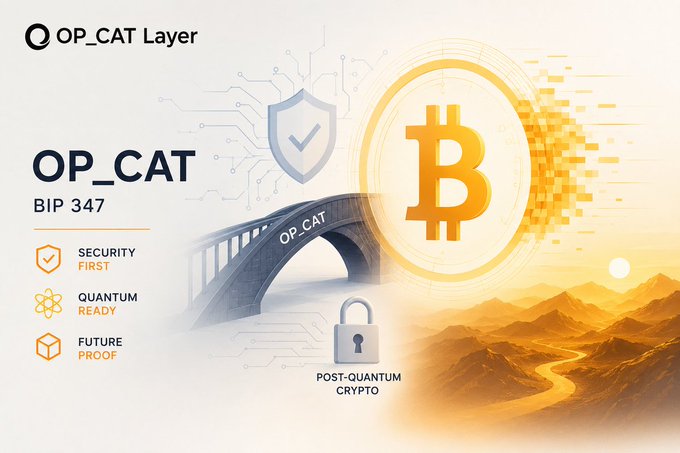 Promotional graphic for OP_CAT Layer (BIP 347) featuring a Bitcoin logo, shield, bridge, and padlock, with tags 'SECURITY FIRST', 'QUANTUM READY', 'FUTURE PROOF', and 'POST-QUANTUM CRYPTO'.