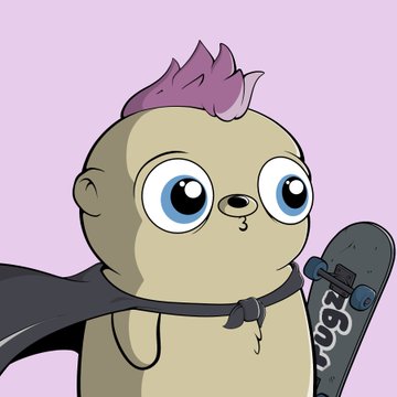 An animated cartoon character with a pale head, large blue eyes, a purple flower-like crest, and a black scarf stands next to a skateboard with the word 'Boost' visible.