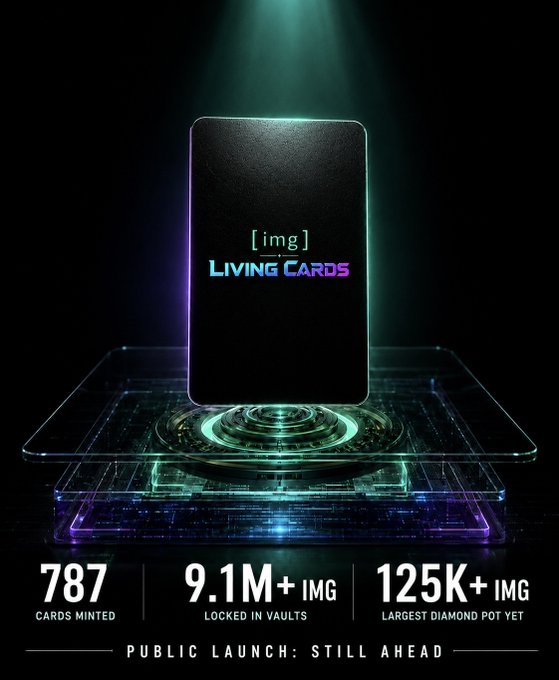 A promotional graphic for '[img] Living Cards' showing a black card above a glowing platform, with stats: 787 cards minted, 9.1M+ $IMG locked in vaults, 125K+ $IMG largest diamond pot, and 'PUBLIC LAUNCH: STILL AHEAD'.