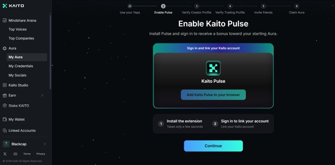The image shows the "Enable Kaito Pulse" setup screen within the KAITO platform, displaying a step-by-step process (with "Sign in and link your Kaito account" highlighted) that includes options to install the Kaito Pulse browser extension and link the account, culminating in a "Continue" button at the bottom. This visual directly corresponds to the post's instructions to convert Yaps into Aura by following the onboarding steps—installing the extension and linking the account—before clicking "Continue."
