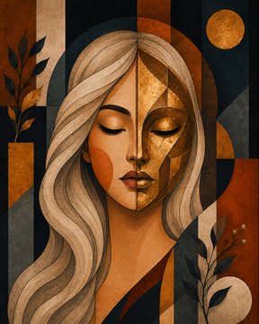 A stylized cubist-style painting of a woman with closed eyes, split between her natural face on one side and a geometric gold face on the other, set against an abstract background with a moon and olive branches.