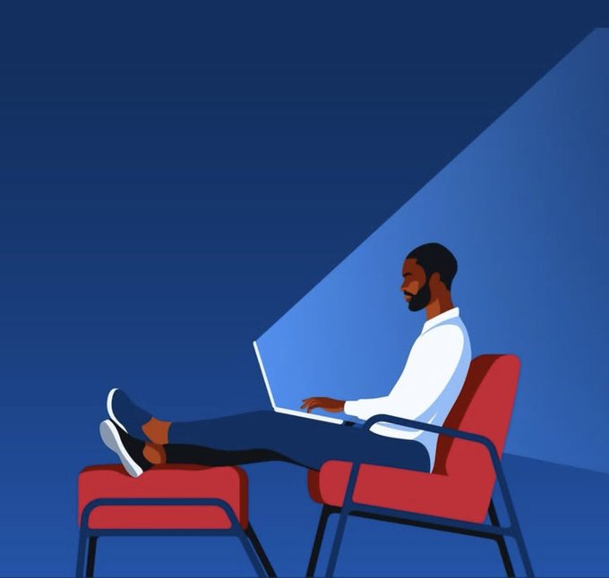 A digital illustration of a bearded man in a white shirt relaxing on a red lounge chair while using a laptop, illuminated by a beam of light.