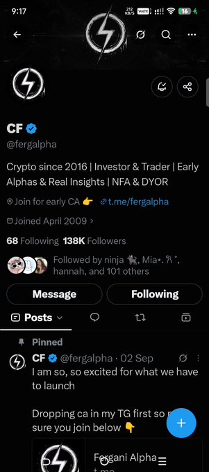 A Twitter/X profile page for 'CF' (@fergalpha) with a verified blue checkmark, displaying the bio 'Crypto since 2016 | Investor & Trader | Early Alphas & Real Insights | NFA & DYOR' and a pinned tweet about an upcoming drop.
