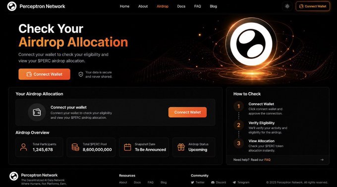 The image shows the Perceptron Network's official airdrop page titled "Check Your Airdrop Allocation," highlighting 1,245,678 total participants and a total $PERC pool of 8,600,000,000, with an upcoming airdrop status. This visually reinforces the post's announcement about the project's TGE progress, displaying the current participant count and token pool while noting that specific allocation details remain undisclosed.