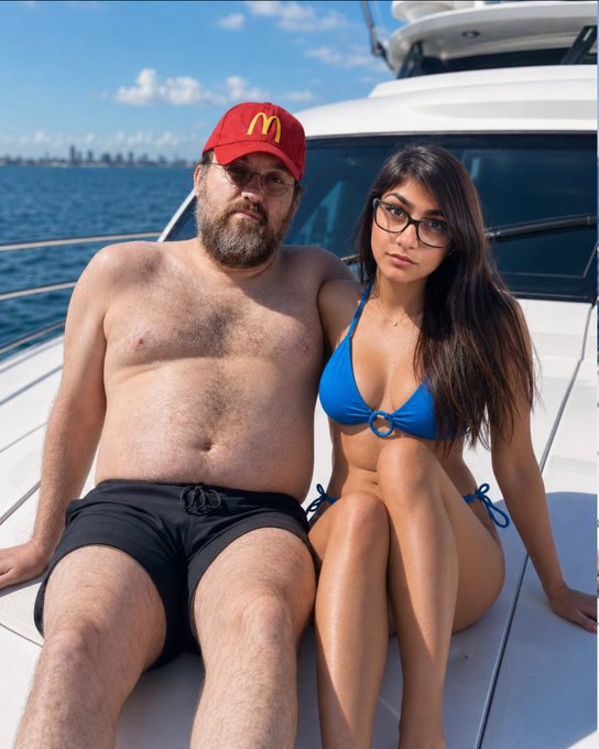 A man wearing a red McDonald's cap and a woman in a blue bikini pose together on a yacht, referencing the humorous post claiming Cardano founder Charles Hoskinson and Mia Khalifa are dating, with the joke playing on her "experience with liquidity" relating to crypto markets.