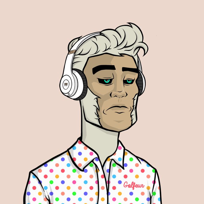 A digital illustration of a sad-looking character with white hair, green eyes, and white headphones, wearing a white shirt with colorful polka dots labeled 'Colfour'.