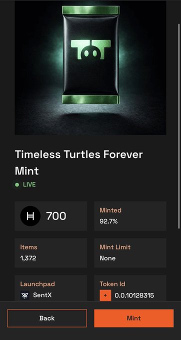 A mobile screen displays a cryptocurrency mint page for 'Timeless Turtles Forever Mint', showing a price of 700 H, 92.7% minted out of 1,372 items, on the SentX launchpad.