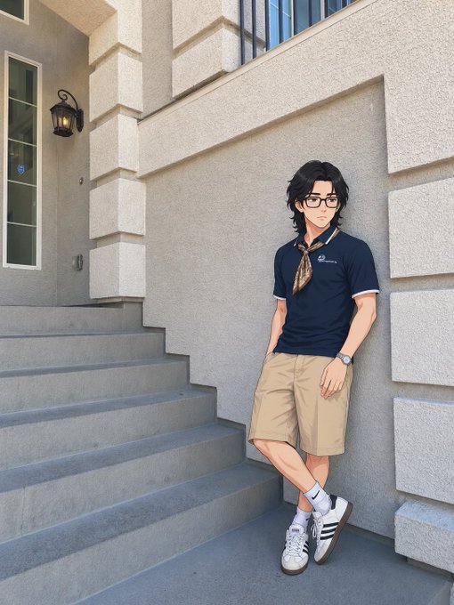 An anime-style illustration of a young man with dark hair and glasses, wearing a navy polo shirt with a patterned neckerchief, khaki shorts, and white sneakers, leaning against a stone building near a staircase.