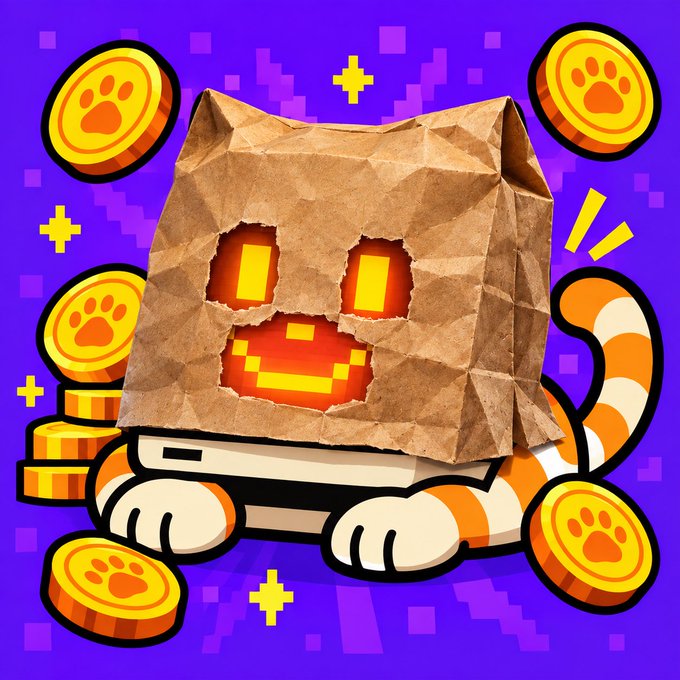 A digital illustration of a Minecraft-inspired cat character made from a paper bag, sitting on a laptop and surrounded by gold coins with paw prints.