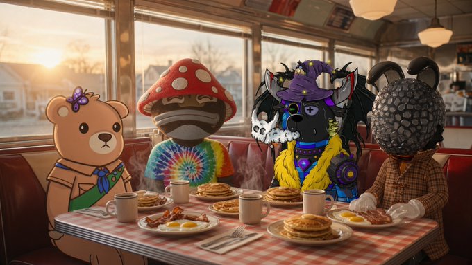 Four whimsical cartoon characters—a teddy bear, a mushroom-headed figure, a gothic dragon-like creature, and a rock-headed being—sit together at a diner table eating pancakes, bacon, and eggs.