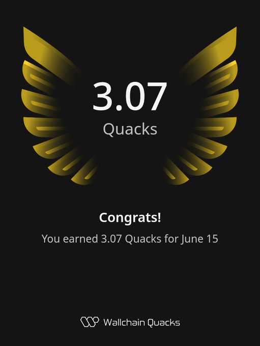 The image features a poster with an illustration of a bird's wing, which has gold and black colors. The text on the poster reads "Back to earning Quacks on @wallchain Quacks! Just earned 3.07 Quacks in one day!". This suggests that someone has been awarded Quacks for their efforts or achievements related to the Wallchain Quacks platform.