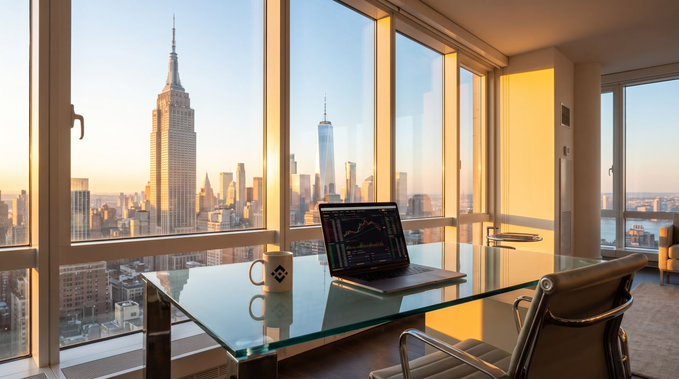 A sunlit modern office interior with floor-to-ceiling windows overlooking the New York City skyline featuring the Empire State Building and One World Trade Center, with a glass desk, laptop, and coffee mug in the foreground.