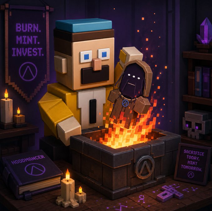 A Minecraft-style hooded character in yellow and blue stands at a glowing forge, wearing a robe marked with the "A" logo of HoodMancer, beside a book titled "HOODMANCER" and signs reading "BURN. MINT. INVEST." and "SACRIFICE TODAY. MINT TOMORROW," visually promoting the announced Burn & Mint event where users can trade their HoodMancers for new INVESTOORS on Scatter.art.
