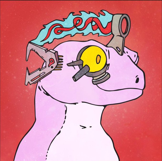 A cartoon illustration of a pink, lizard-like creature with mechanical attachments, including a piston on its head and a clamp holding a device with a yellow eye/lens over its face.