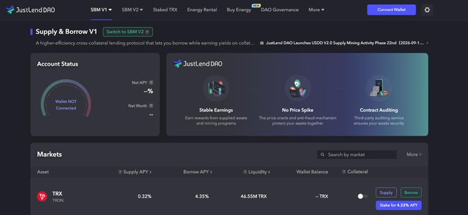 JustLend DAO cryptocurrency platform interface showing a Supply & Borrow dashboard with TRX market details including 0.32% Supply APY and 4.35% Borrow APY.