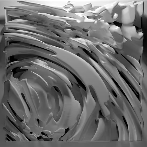 A grayscale 3D-rendered abstract artwork featuring swirling, fluid-like forms with glossy, reflective surfaces.