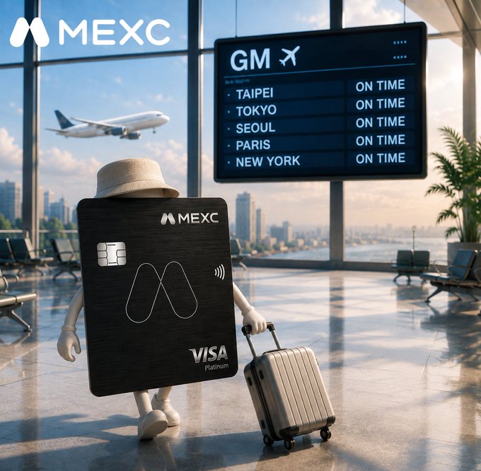 A promotional graphic featuring an anthropomorphized black MEXC Visa Platinum credit card character wearing a sun hat and pulling a suitcase, standing in an airport terminal with a flight information board displaying departures to Taipei, Tokyo, Seoul, Paris, and New York, all marked as "ON TIME".