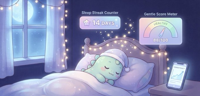 A cute green dinosaur character sleeps peacefully in a bed under string lights and a moonlit window, with a "Sleep Streak Counter" showing "14 DAYS" and a "Gentle Score Meter" displaying "HEALTHY 88/100," alongside a phone showing a consistency chart. The image visually captures the post's message that Sleepagotchi rewards consistency and simply showing up rather than chasing perfect sleep scores.